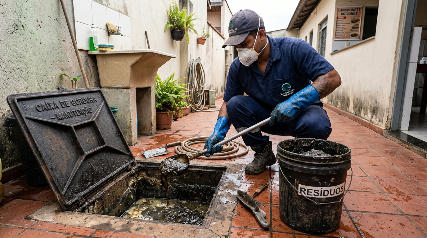 Remoção de resíduos da caixa de gordura em Taubaté‑SP